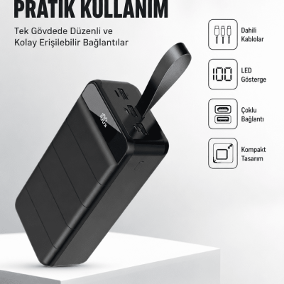 50.000 mAh Kapasiteli Powerbank – Hızlı Şarj Destekli, 4 USB Portlu, LED Işıklı Taşınabilir Enerji Deposu