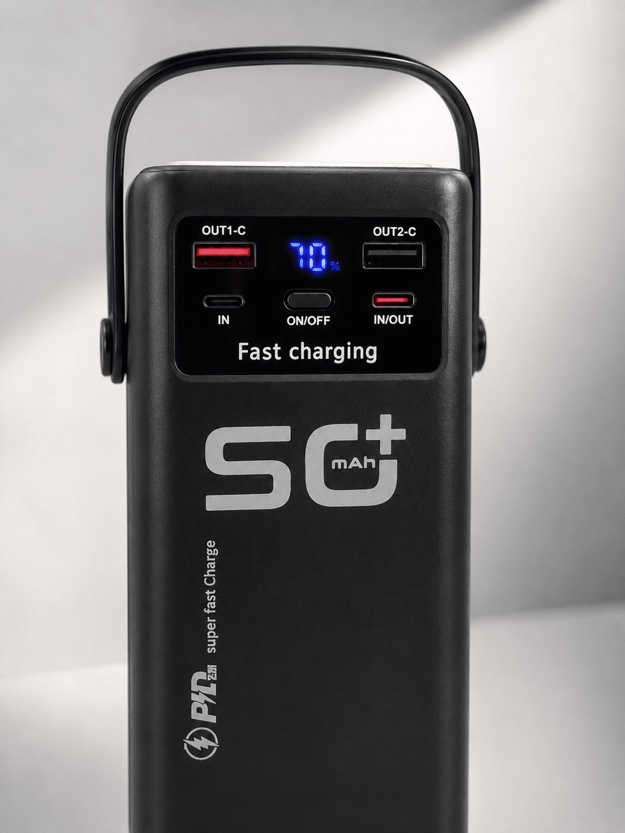 LED Aydınlatmalı Powerbank 50.000 mAh 22,5 W Hızlı Şarj 4 Dahili Kablolu Dijital Pil Göstergeli Batarya