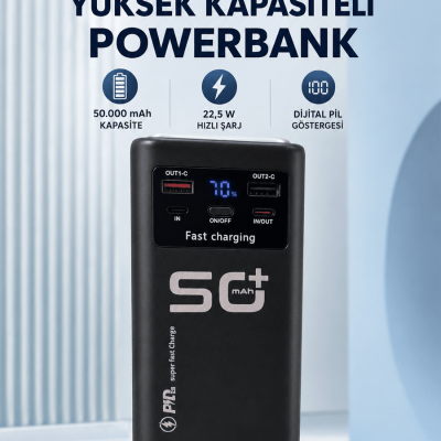 50.000 mAh Taşınabilir Powerbank 22,5 W Hızlı Şarj 4 Dahili Şarj Kablosu Dijital Ekran LED Aydınlatma ve Taşıma Sapı