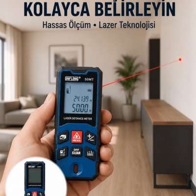 50 Metre Lazer Ölçüm Cihazı Alan ve Mesafe Hesaplama Yeni Nesil