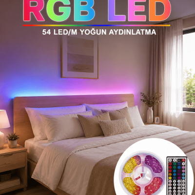 5050 SMD RGB LED Şerit 5 Metre Kumandalı Renkli TV Oda Masa Arkası Dekoratif Aydınlatma Seti