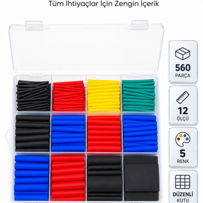 560 Parça Kablo İzolasyon Makaron Seti 12 Ölçü 5 Renk Heat Shrink Tube Organizer Kutulu