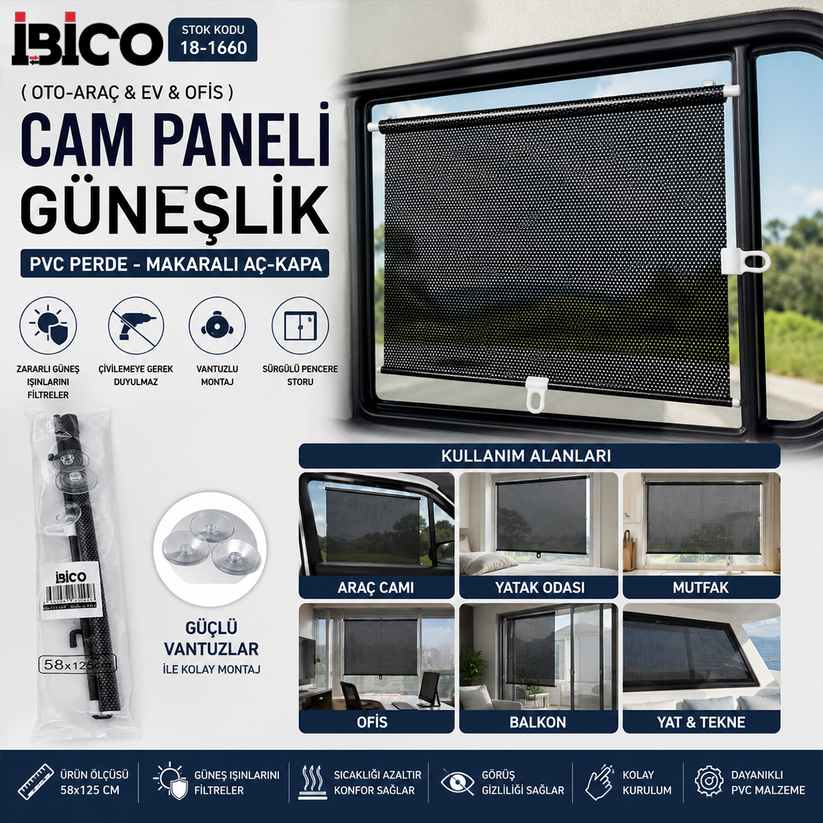 58x125 cm PVC Makaralı Araç Cam Güneşliği (Vantuzlu)