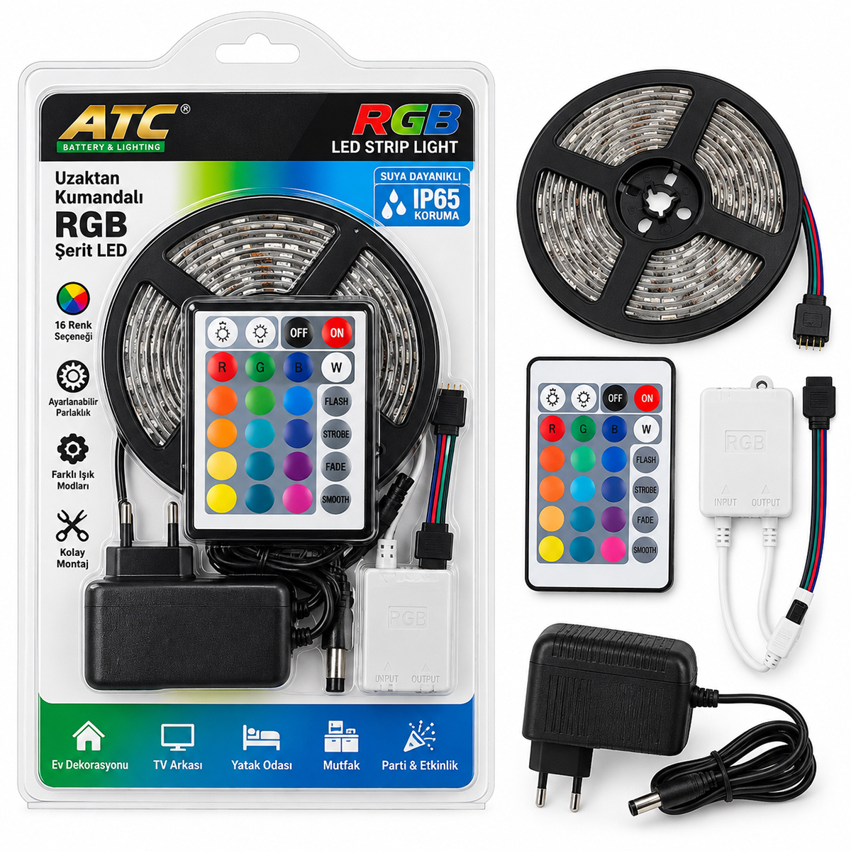 5m RGB Şerit LED (IP65, Kumandalı, Adaptörlü, 54 LEDs/m, SMD2835)