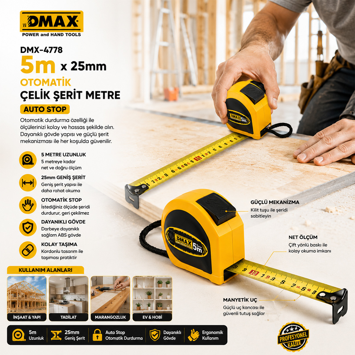 5m x 25mm Otomatik Çelik Şerit Metre (Stoplu)