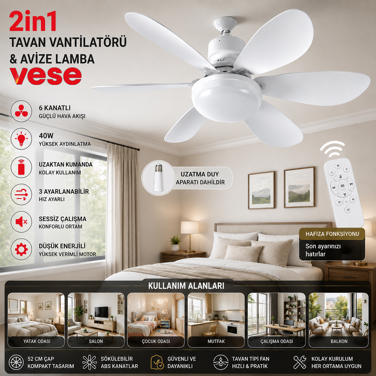 6 Kanatlı Kumandalı 2in1 Tavan Vantilatör Avize 40W