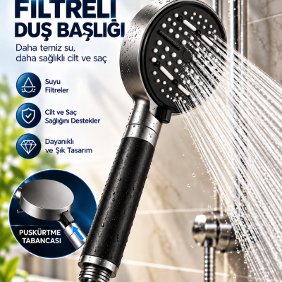 Modern Tasarımlı 6 Modlu Filtreli Duş Başlığı Büyük Panel Metalik Siyah Duş Aparatı