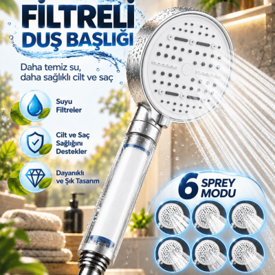 6 Sprey Modlu Filtreli Duş Başlığı Büyük Su Paneli Silikon Nozullu Beyaz Modern Tasarım