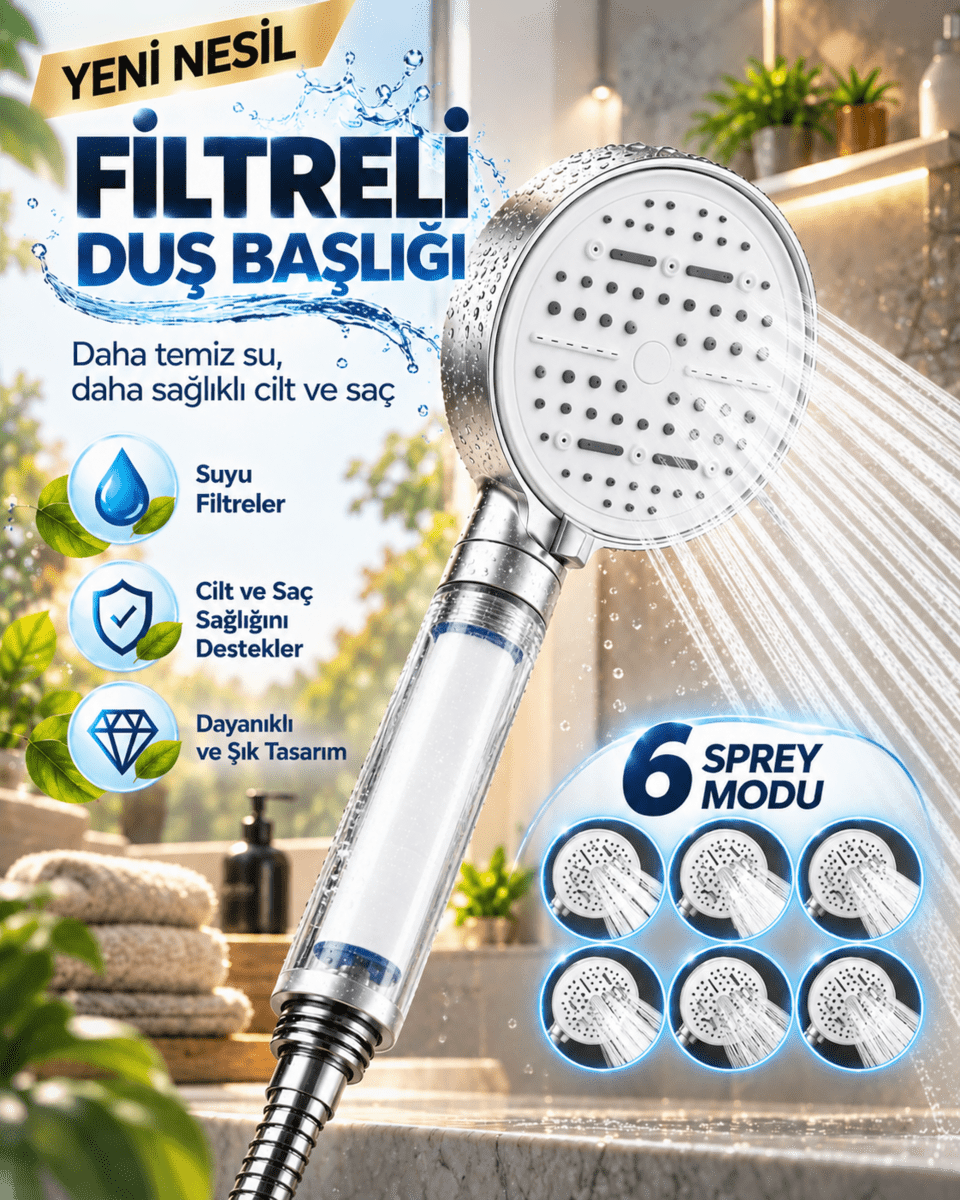 6 Sprey Modlu Filtreli Duş Başlığı Büyük Su Paneli Silikon Nozullu Beyaz Modern Tasarım
