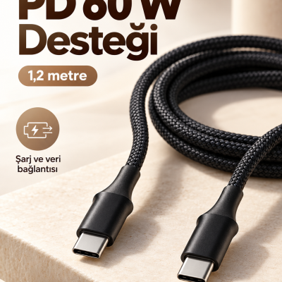 60W PD Hızlı Şarj Destekli LED Göstergeli Type C Kablo