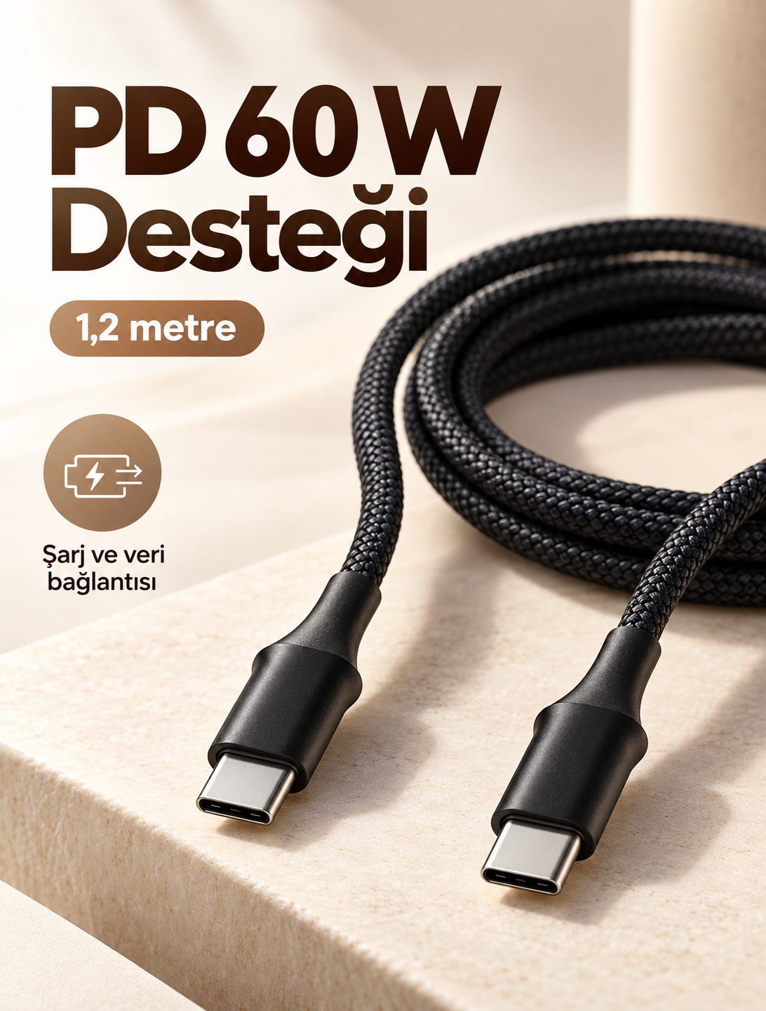 60W PD Hızlı Şarj Destekli LED Göstergeli Type C Kablo