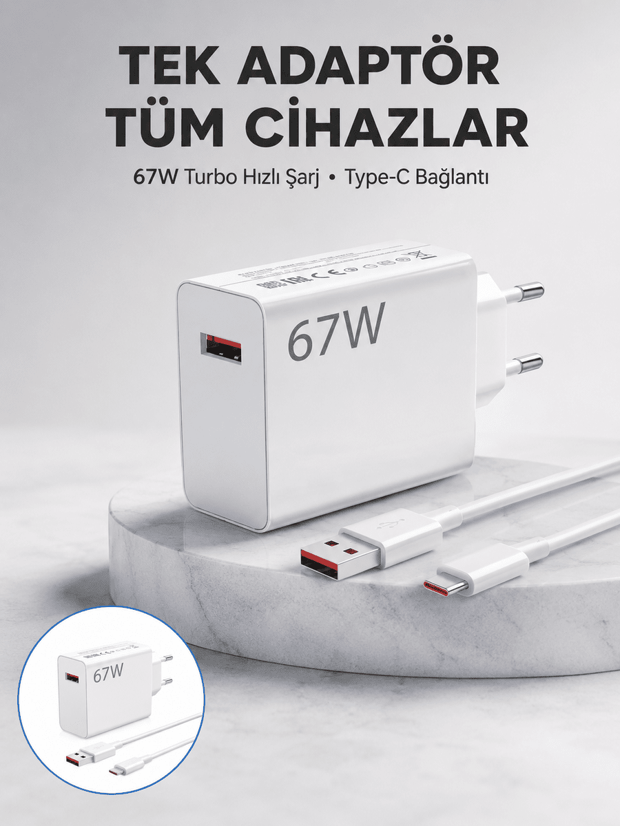 67 Watt Güvenli Hızlı Şarj Adaptörü Samsung M31 M33 M51 Uyumlu Yeni Nesil