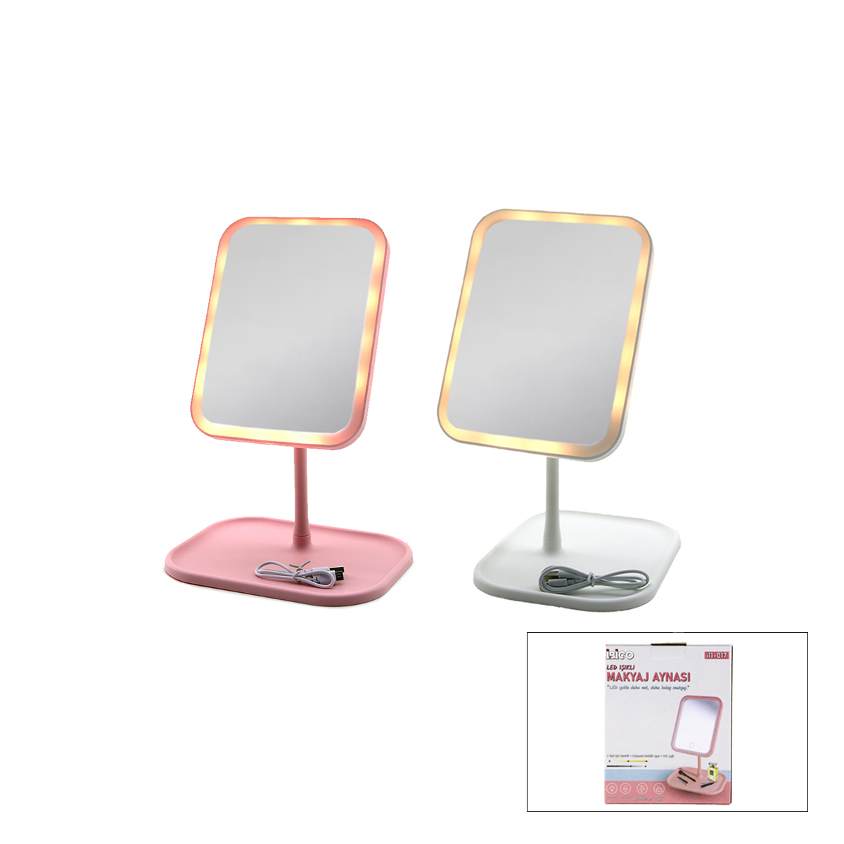 7" LED USB Şarjlı Dikdörtgen Makyaj Aynası, 90° Ayarlı