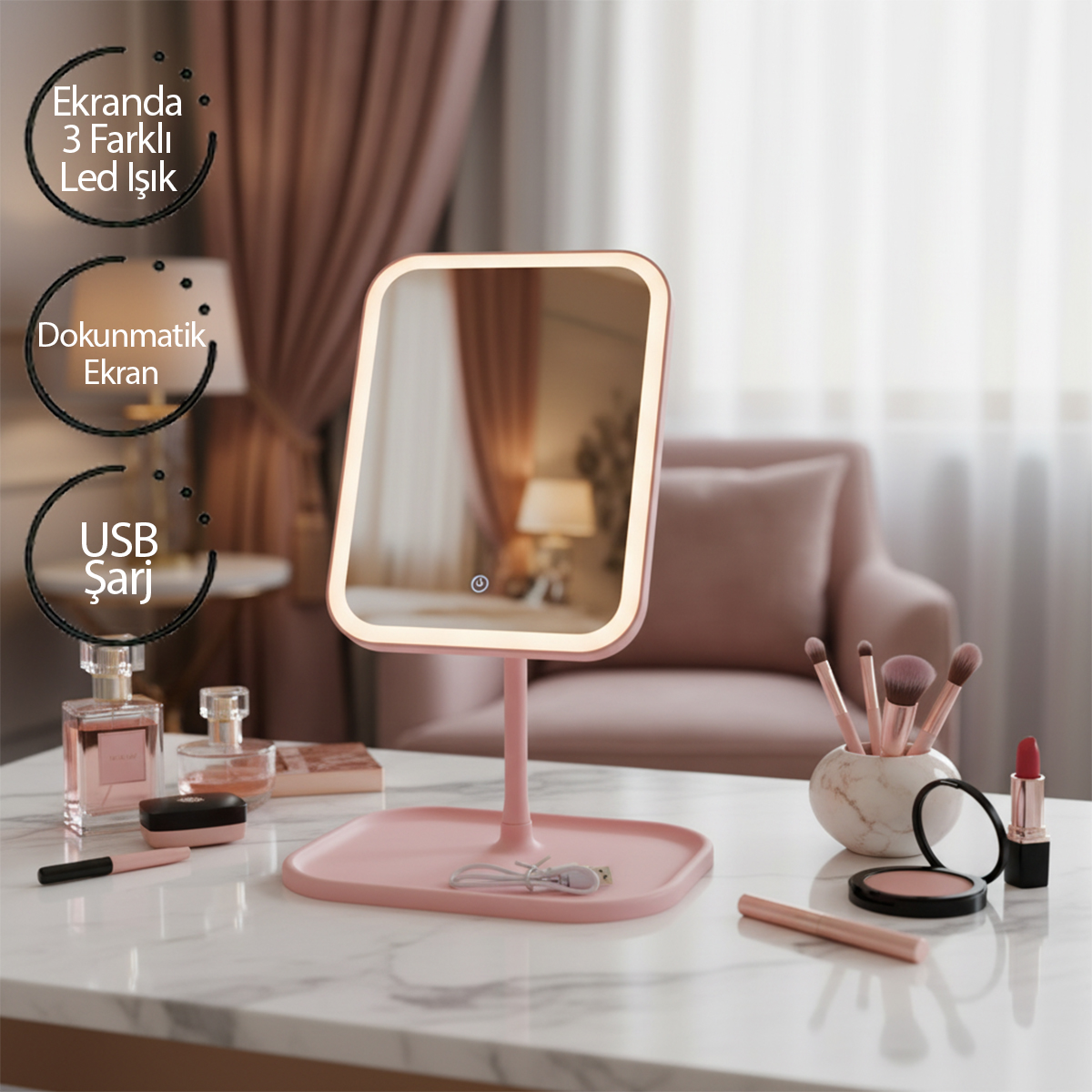 7" LED USB Şarjlı Dikdörtgen Makyaj Aynası, 90° Ayarlı