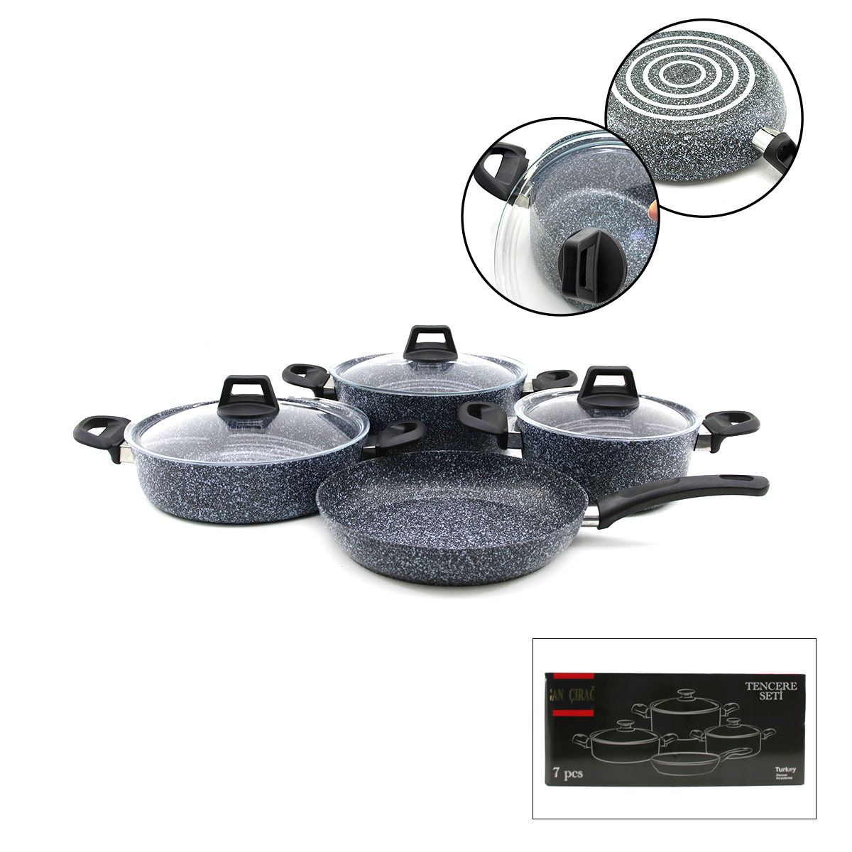 7 Parça Granit Tencere ve Tava Seti (20-24cm Derin, 27cm Cam Kapak, 26cm Tava)