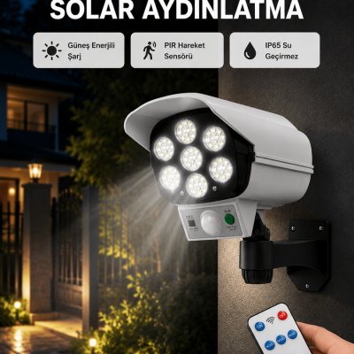 77 LED'li Güneş Enerjili Güvenlik Lambası ve Kukla Kamera – Hareket Sensörlü, 2400mAh Pilli
