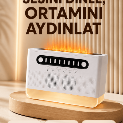 8 Çeşit Beyaz Gürültülü Kablosuz Hoparlör ve Renkli Alev Efektli Gece Lambası
