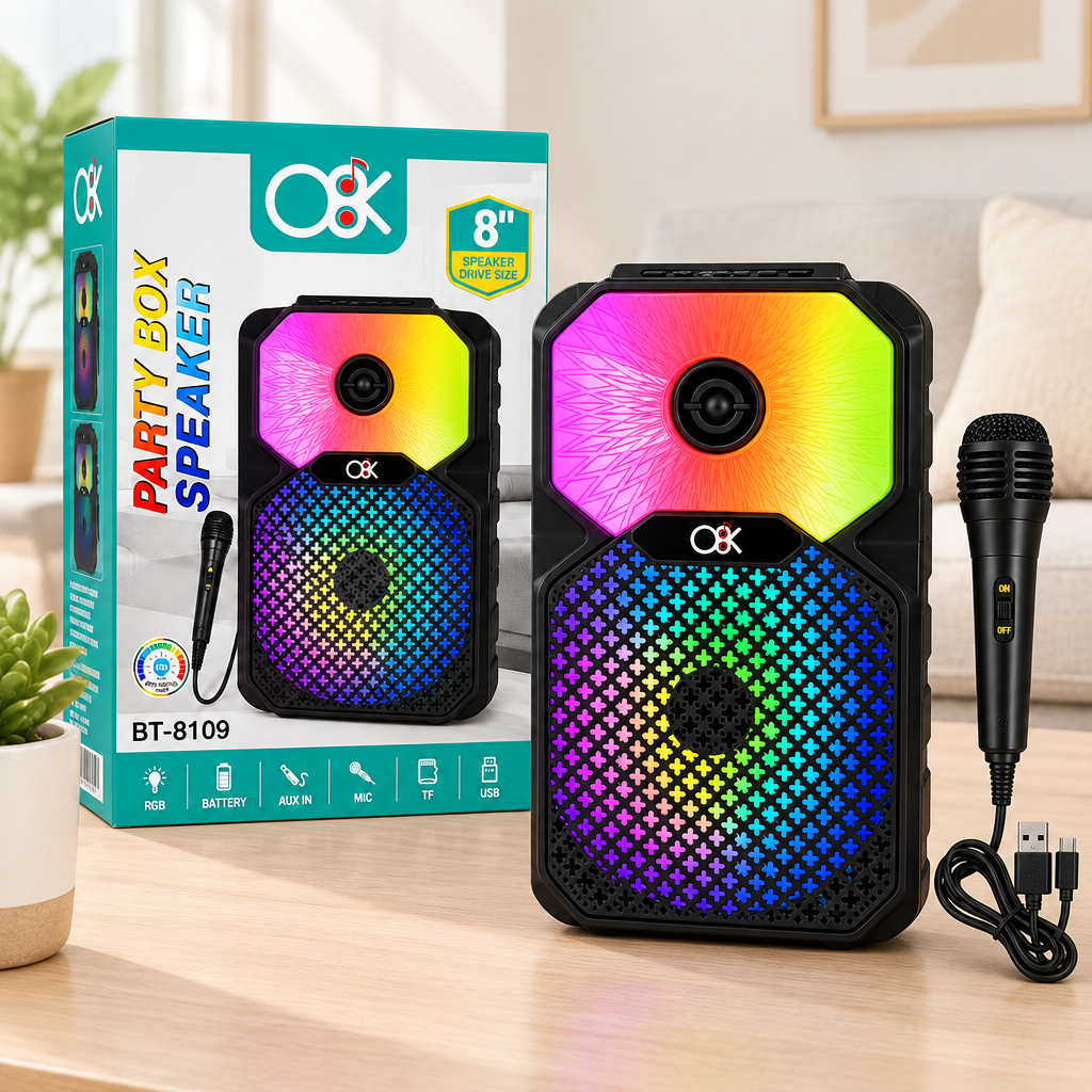 8 inç Bluetooth Mikrofonlu Karaoke Hoparlör (Şarjlı, RGB)