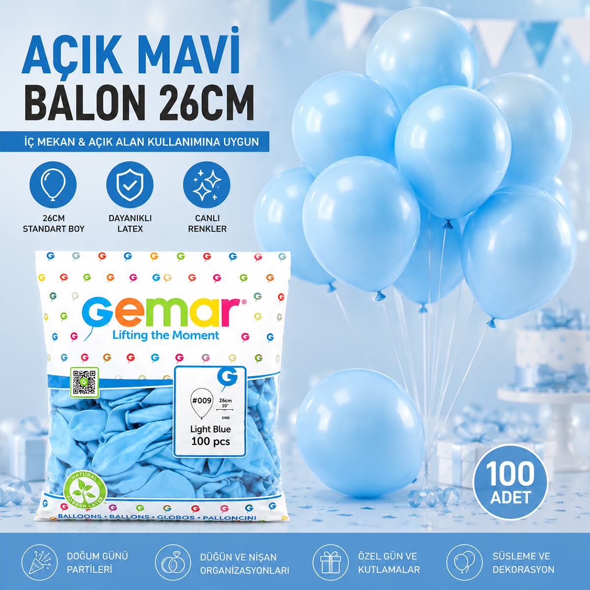 Açık Mavi 10 İnç (26 cm) Latex Balon 100'lü