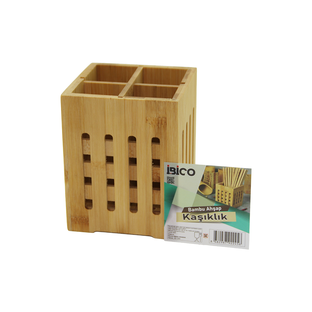 Ahşap Bambu 4 Bölmeli Kaşıklık Organizer (11x11 cm, Pencereli)