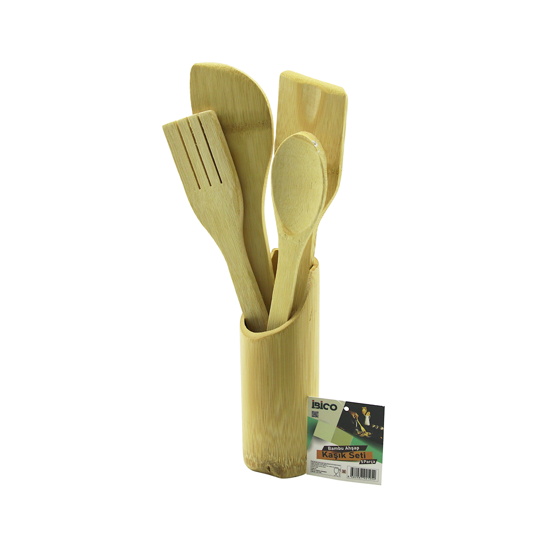Ahşap bambu mutfak servis seti - kaşık, çatal, spatula ve stand