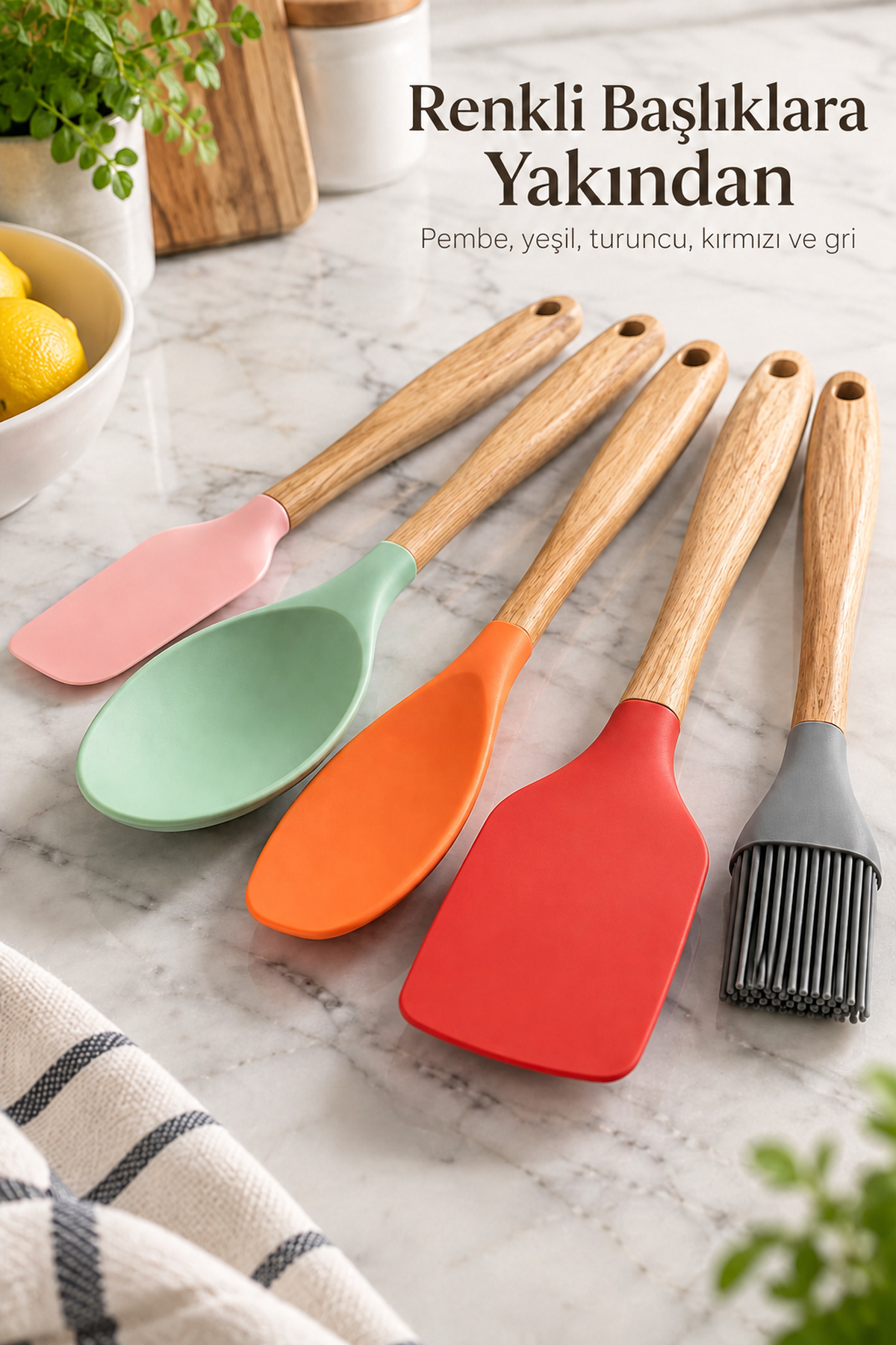 Ahşap Görünümlü Saplı Spatula ve Mutfak Fırçası Seti