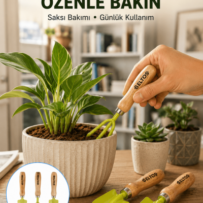 Ahşap Saplı Mini Bahçe El Aleti Seti Saksı ve Çiçek Bakım Seti