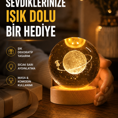 Ahşap Standlı Sarı Işıklı Dekoratif Küre Kız Figürü Tasarım