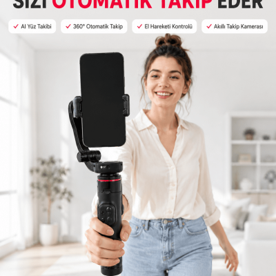 AI Yüz Takip Özellikli Gimbal Selfie Stick 360° Dönebilen Telefon Tutucu Uzayabilir Bluetooth Kumandalı