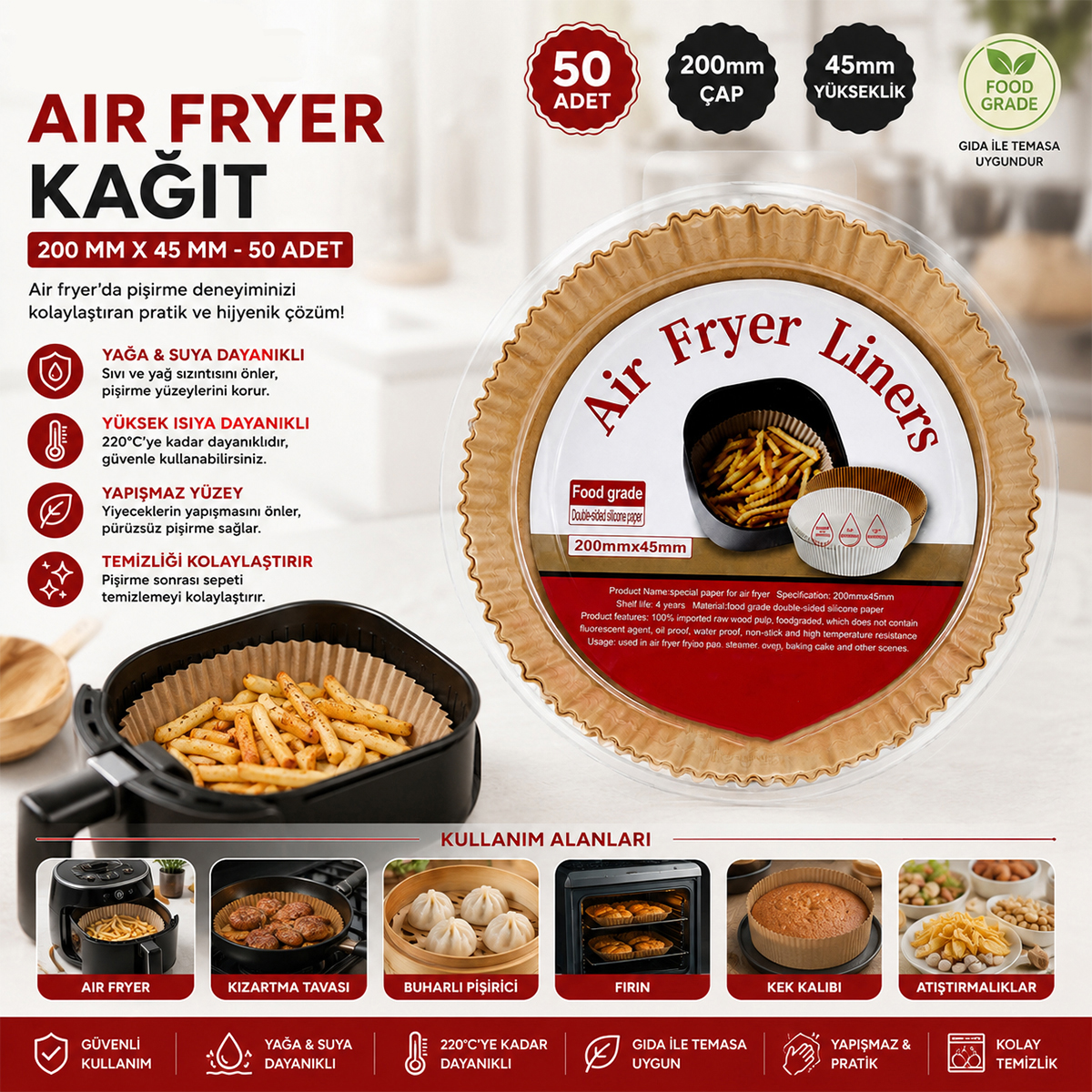 Air fryer için yuvarlak kağıt pişirme kalıbı (20 cm taban, 4.5 cm kenar) 50'li