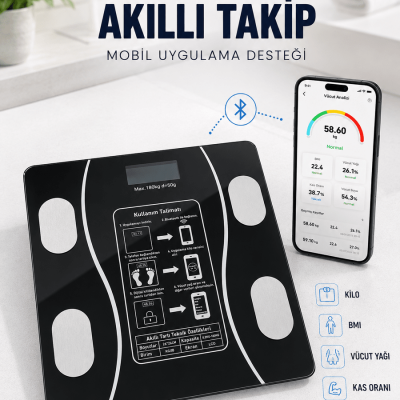 Akıllı Cam Baskül Bluetooth Mobil Uygulamalı Vücut Analiz Tartısı 180 Kg LCD Ekran