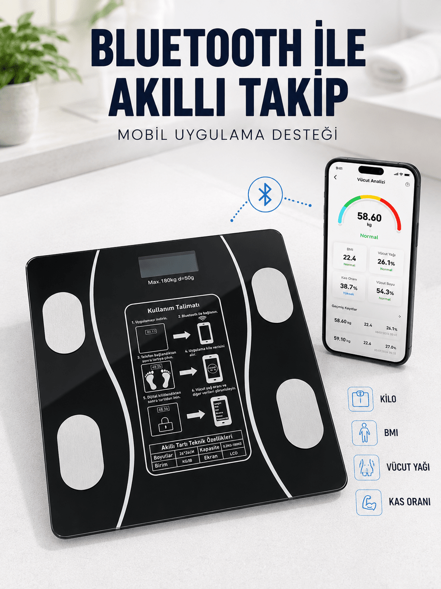 Akıllı Cam Baskül Bluetooth Mobil Uygulamalı Vücut Analiz Tartısı 180 Kg LCD Ekran