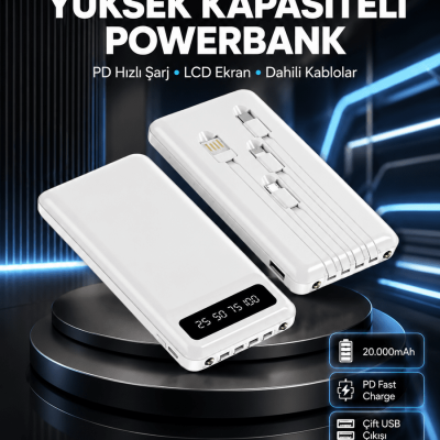 Akıllı LCD Ekranlı 20.000mAh Powerbank PD + USB + Type-C Yeni Nesil