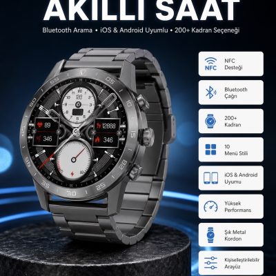 Akıllı Saat Çelik Kordon Çağrı Cevaplama Amoled Ekran Titreşimli Uyku ve Sağlık Takibi