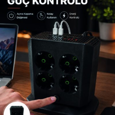 Akım Korumalı 8'li Dikey Priz 4 USB 2 Type-C Hızlı Şarj Destekli Çoklu Priz