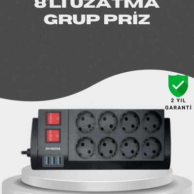 Akım Korumalı 8’li Priz 3 USB’li Uzatma Kablosu Isıya Dayanıklı 2 Metre