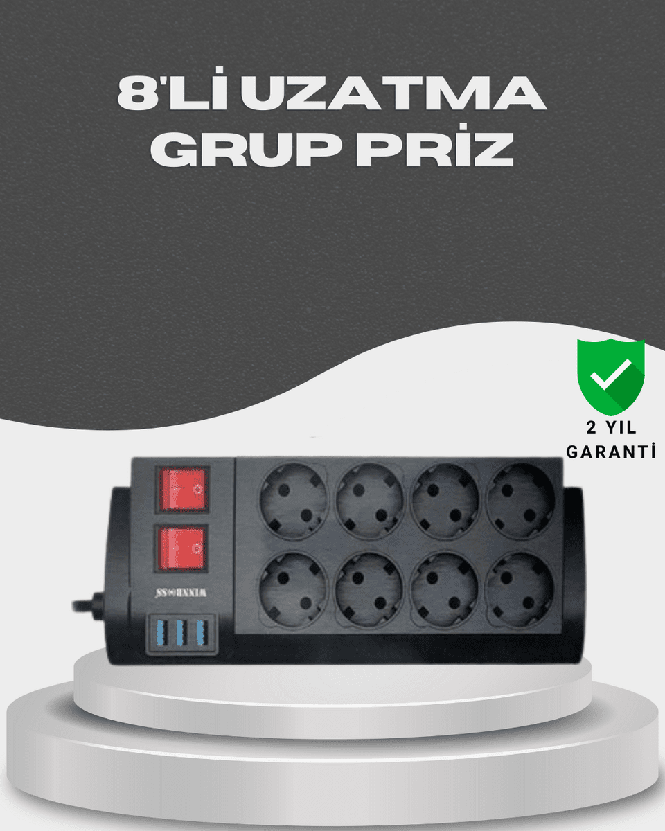 Akım Korumalı 8’li Priz 3 USB’li Uzatma Kablosu Isıya Dayanıklı 2 Metre