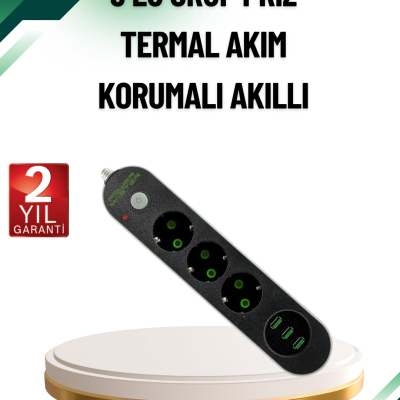 Akım Korumalı Anahtarlı USB Girişli Üçlü Priz