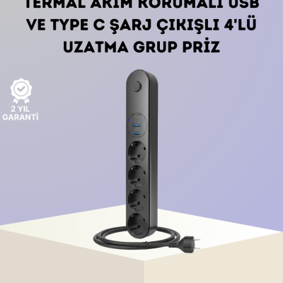 Akım Korumalı Çoklu Priz 4’lü 2 USB 1 Type-C 2500W Güçlü Tasarım