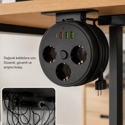 Akım Korumalı Priz USB ve Type C Girişli 3lü Priz 2 Metre Kablo Dayanıklı