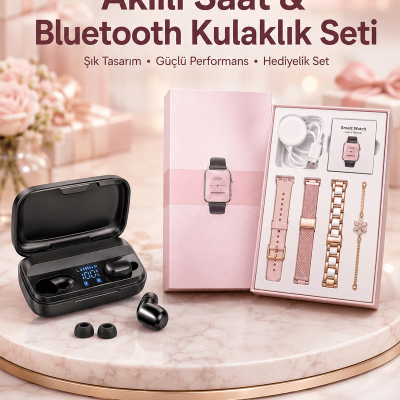 Aksesuar Hediyeli Akıllı Saat ve Dijital Göstergeli Powerbankli Bluetooth Kulaklık