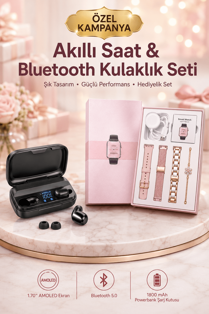 Aksesuar Hediyeli Akıllı Saat ve Dijital Göstergeli Powerbankli Bluetooth Kulaklık