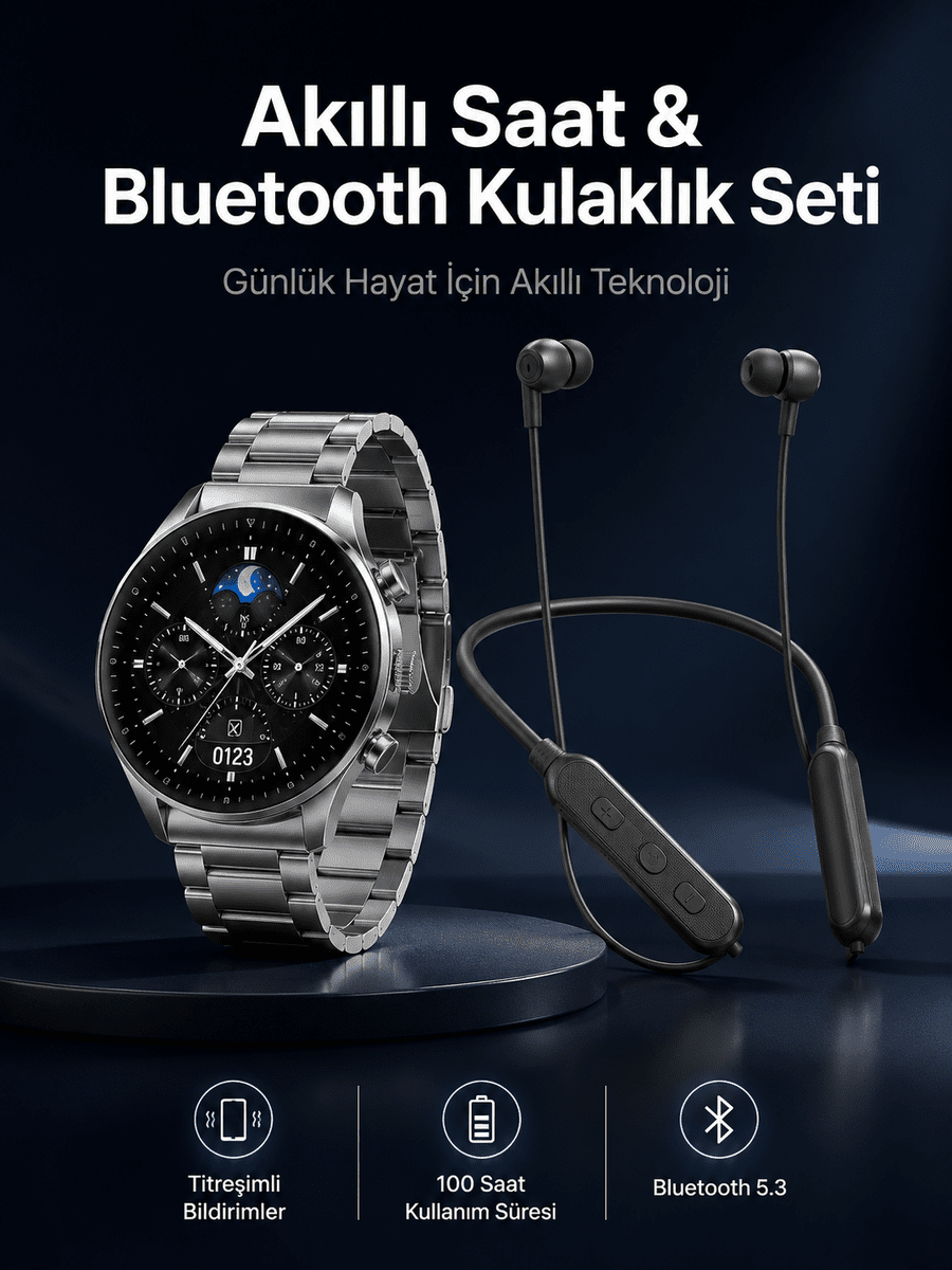 Alarm ve Titreşim Özellikli Akıllı Saat ve Mikrofonlu Kablolu Bluetooth Kulaklık 60 Saat
