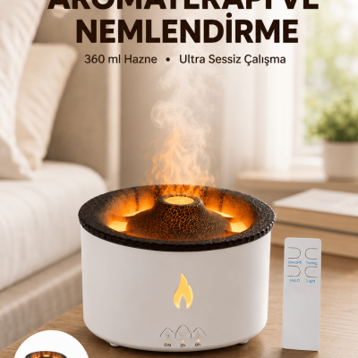Alev Efektli Aromaterapi Difüzörü – 360 ml Su Hazneli, Sessiz ve Zaman Ayarlı Yeni Nesil