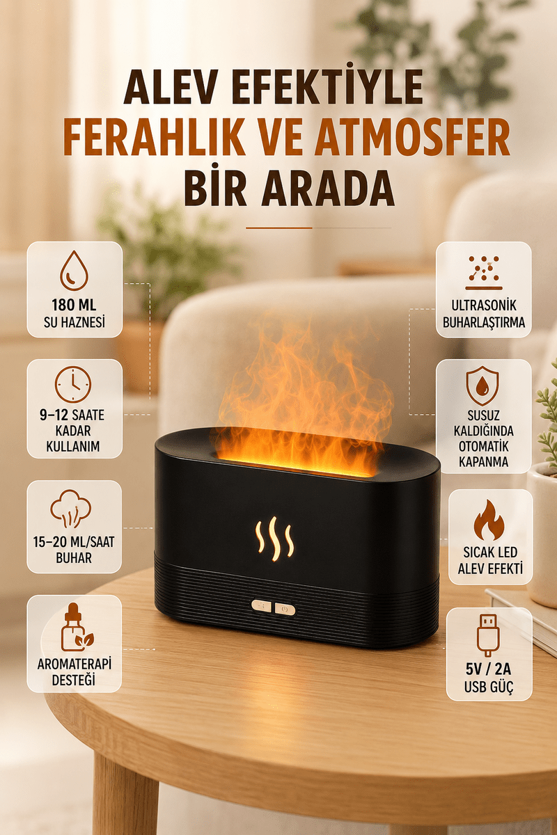 Alev Efektli Aroma Difüzörü Uçucu Yağ Destekli USB Hava Nemlendirici