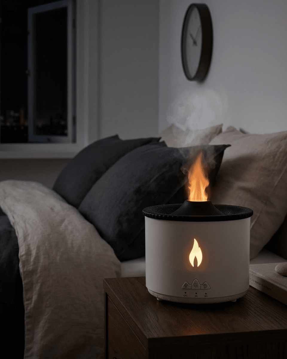 Alev ve Volkan Efektli Ultrasonik Aroma Difüzörü LED Gece Lambalı Hava Nemlendirici