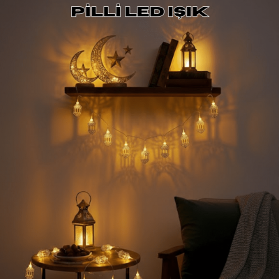 Altın Fener Detaylı Pilli Ramazan LED Işık Ev Dekorasyonu