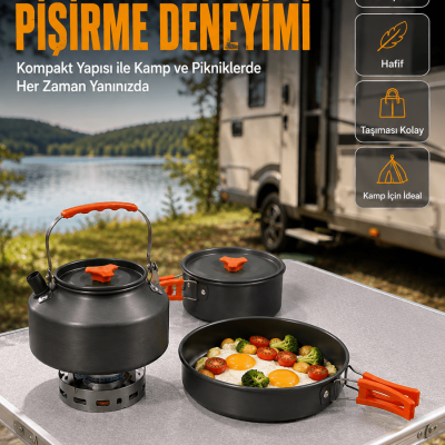 Alüminyum Kamp Pişirme Seti Katlanabilir Kulplu Çaydanlık Tencere Tava Outdoor Yemek Seti