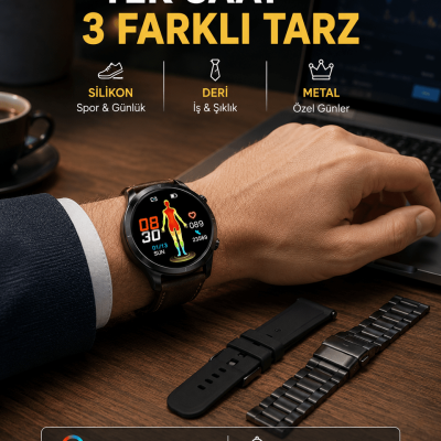 AMOLED Ekranlı Akıllı Saat – 3 Kordon Seçenekli, Suya Dayanıklı, Kalp Atış ve Uyku Takip Özellikli