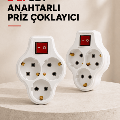 Anahtarlı 3 Çıkışlı Priz Çoğaltıcı Ev Ofis İçin Kablosuz 2’li Avantajlı Set
